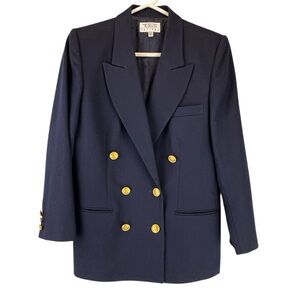 VTG Talbots 100% Worsted Wool Double Breasted Blazer Gold Toned Buttons Navy 10P